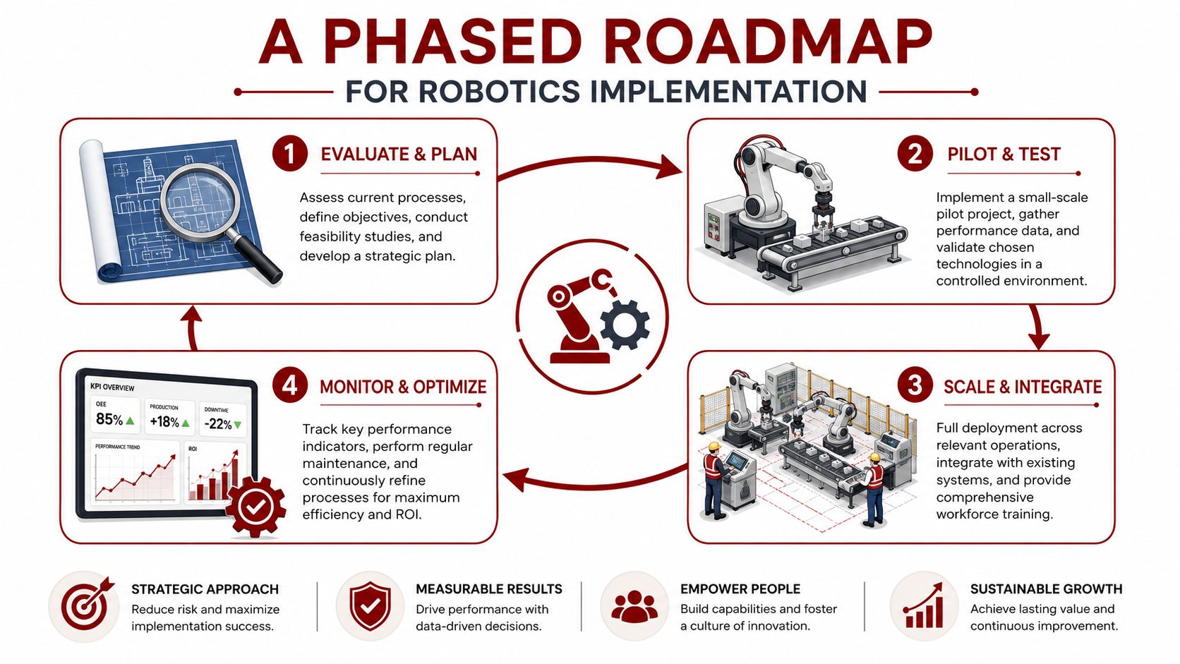 A phased four-step roadmap infographic for implementing robotics automation in a manufacturing production environment.