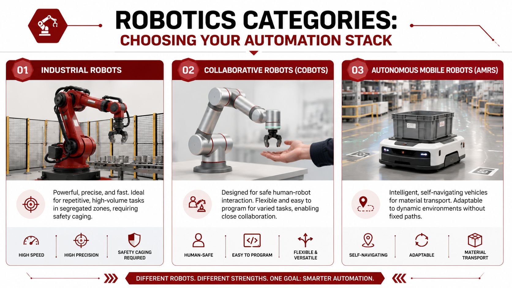 An infographic showing three main categories of industrial robotics: Industrial Robots, Collaborative Robots, and Autonomous Mobile Robots.