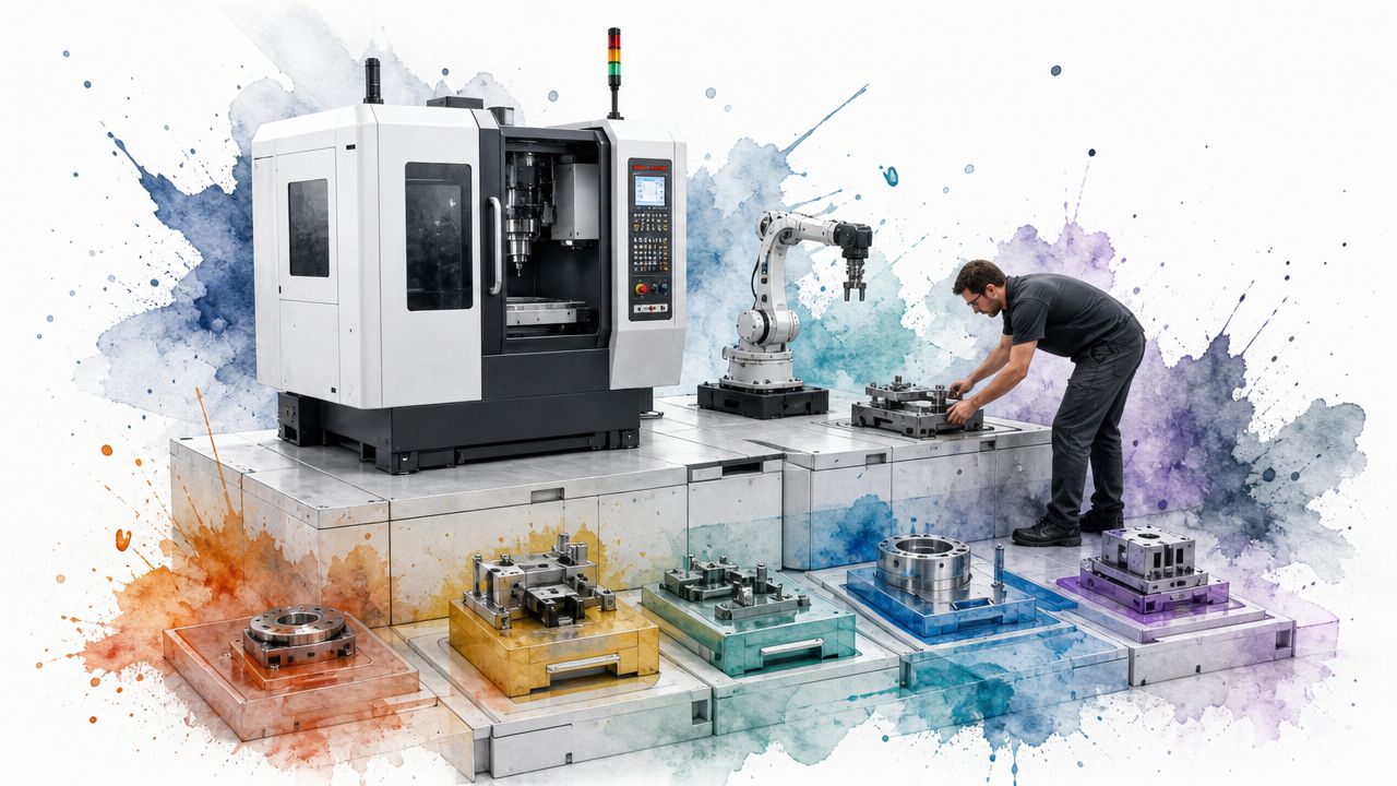 A technician interacts with an automated CNC machine and robotic arm within a colorful industrial factory setting.