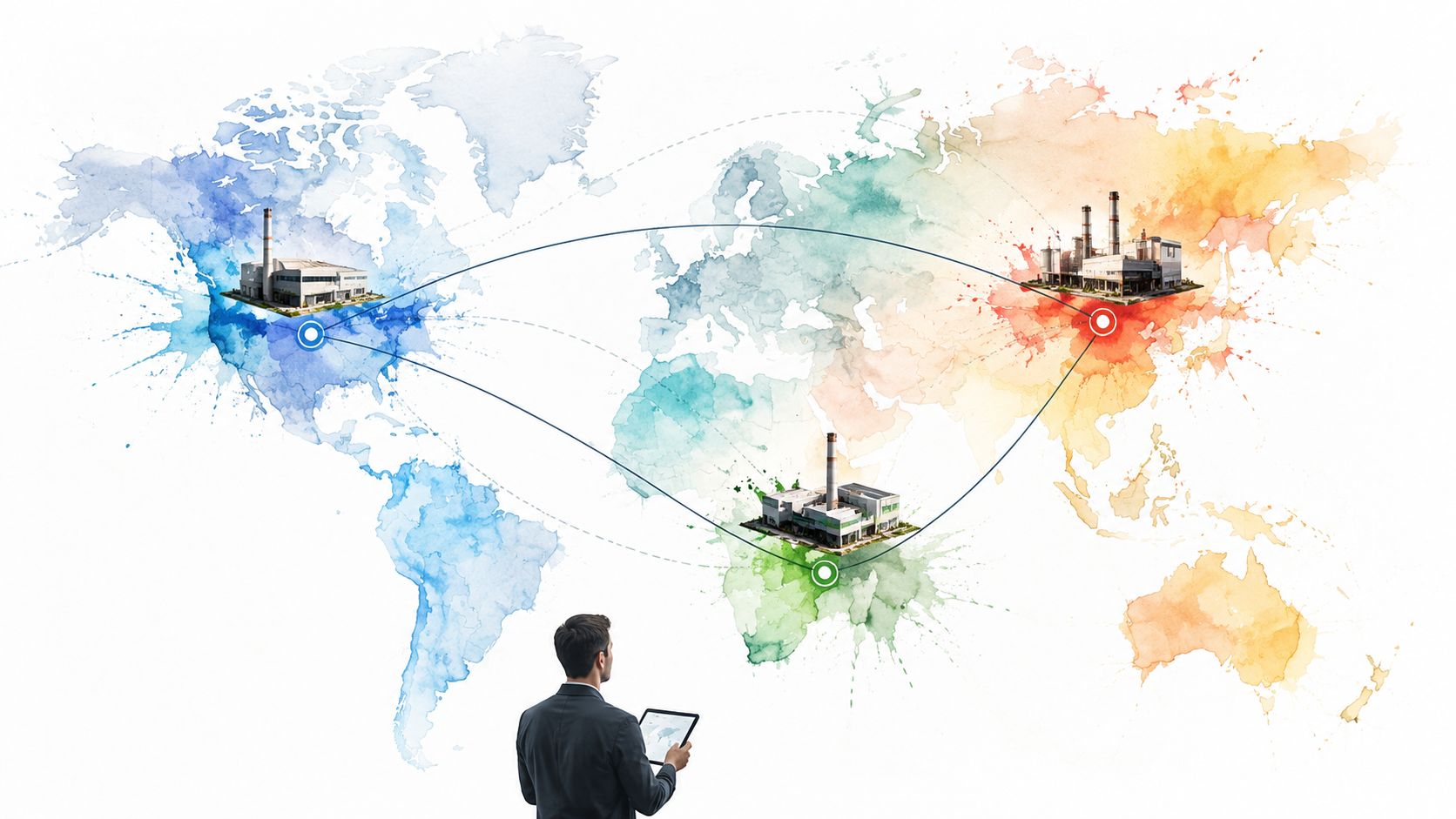 A businessman standing before a global map illustration with connected industrial factories representing international supply chains.