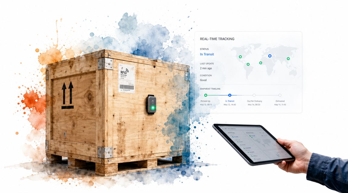 A wooden shipping crate with an RFID tracker monitored by a digital tablet showing supply chain tracking data.