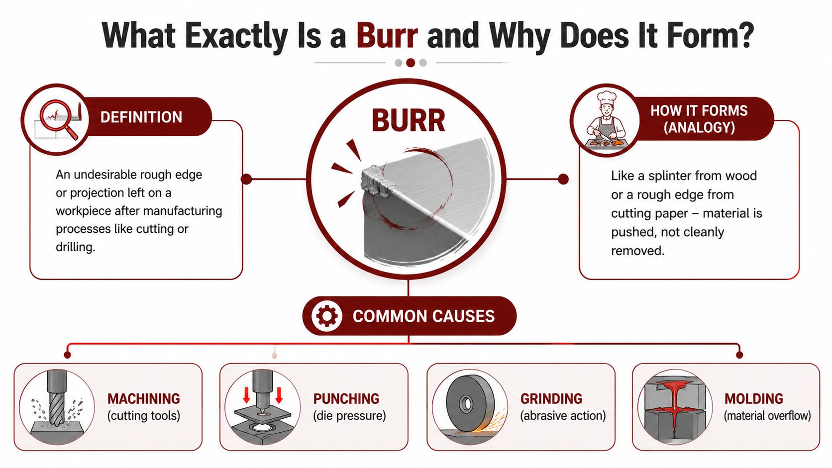 An infographic explaining the definition of a burr, how it forms, and common manufacturing causes.