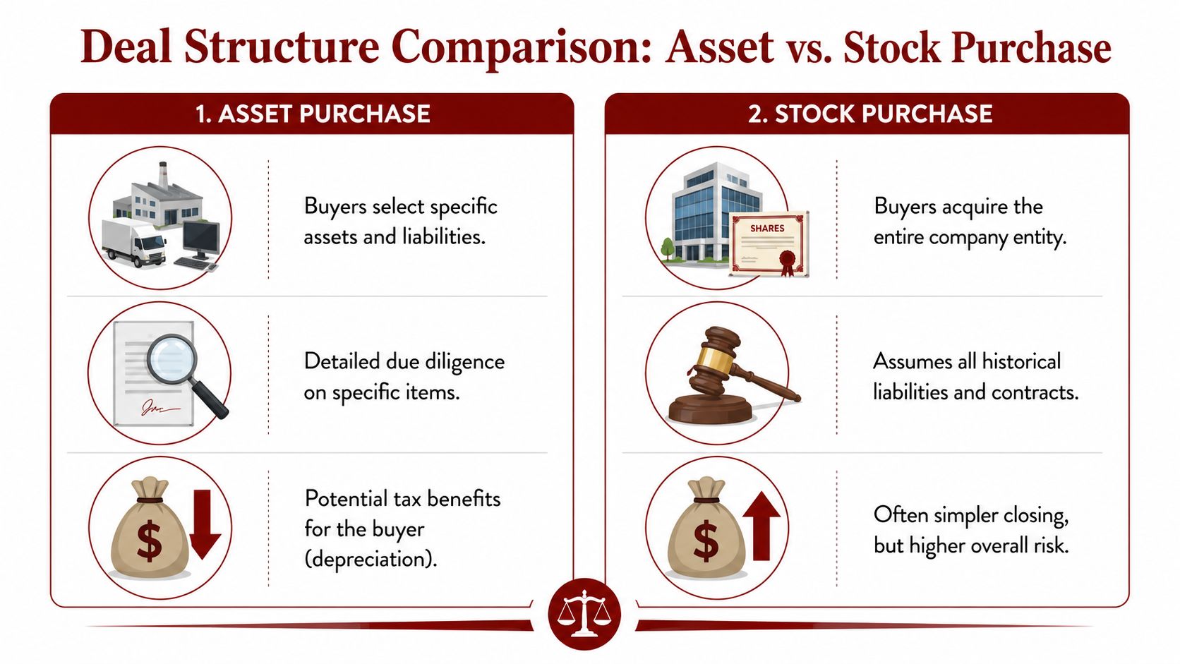 A comparison chart outlining the key differences between an asset purchase and a stock purchase in business.