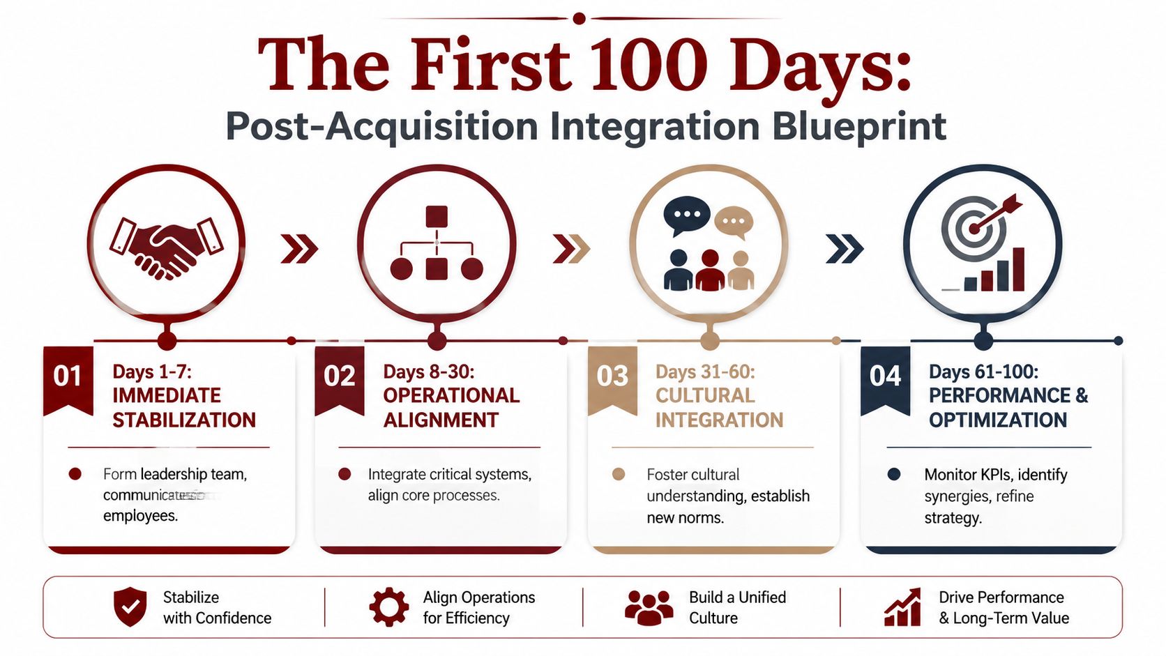 A strategic four-step blueprint showing the process for post-acquisition integration during the first 100 days.
