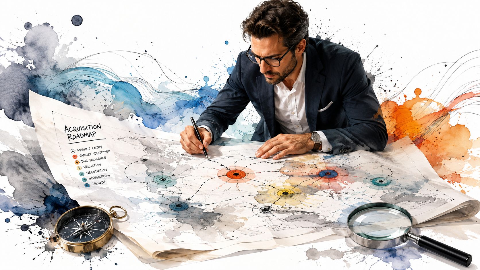 A professional man in a suit studying an acquisition roadmap map with a compass and magnifying glass.