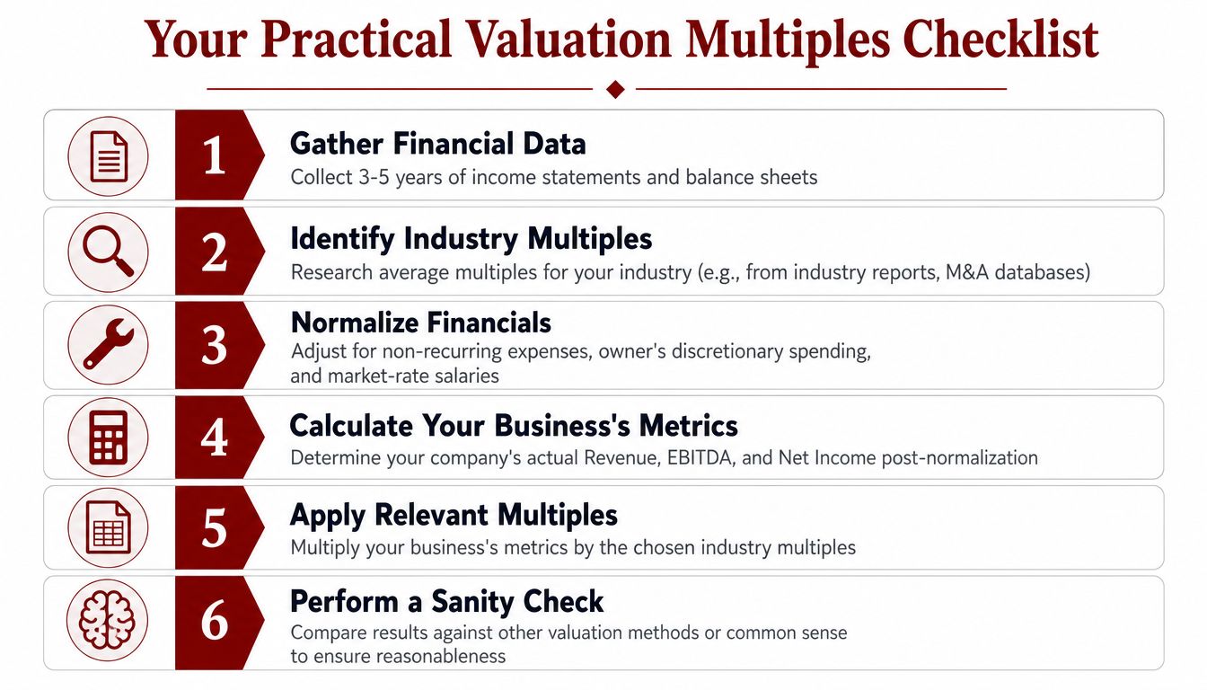 A six-step infographic checklist for determining business valuation multiples using financial data and industry standards.