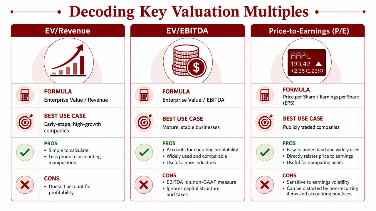 An infographic comparing three financial valuation multiples: EV/Revenue, EV/EBITDA, and Price-to-Earnings, detailing their formulas, uses, pros, and cons.