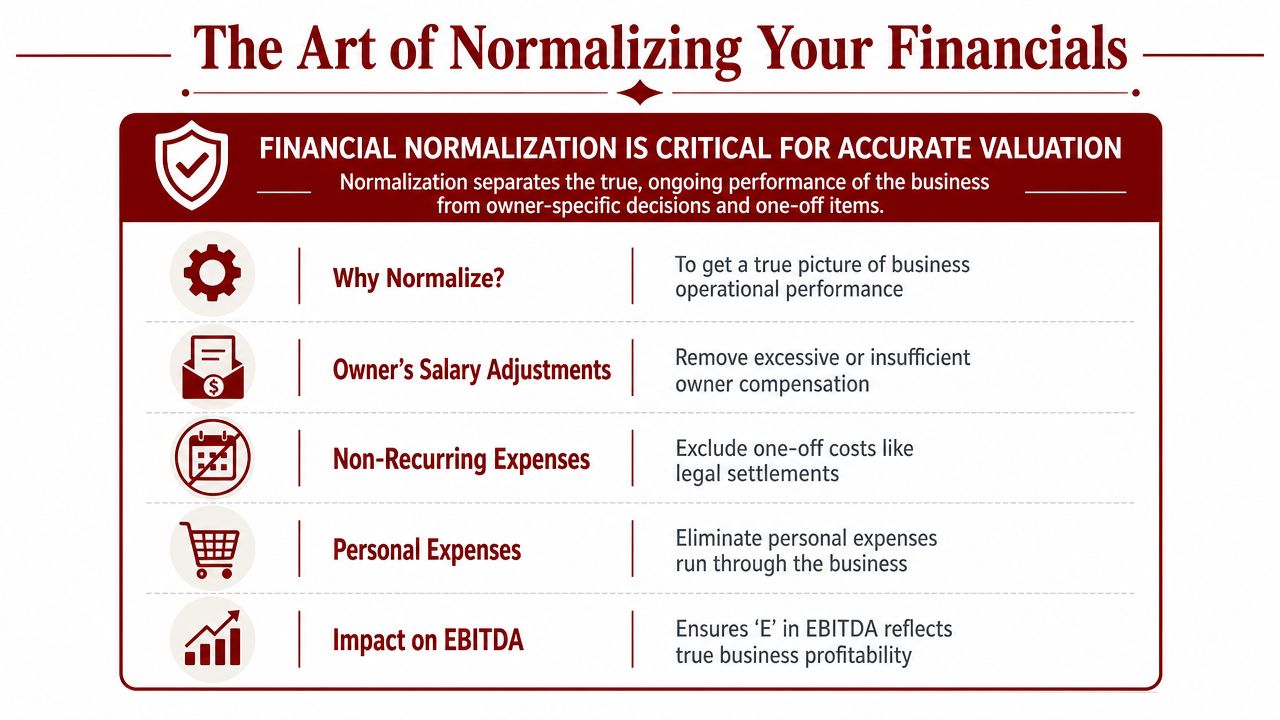An infographic titled The Art of Normalizing Your Financials explaining the key steps for accurate business valuation.