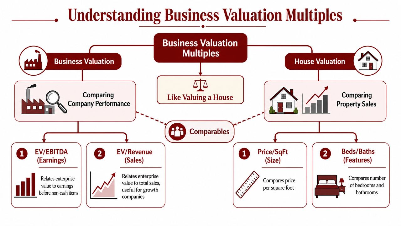 A flowchart comparing business valuation multiples to real estate valuation using comparables like earnings and property features.
