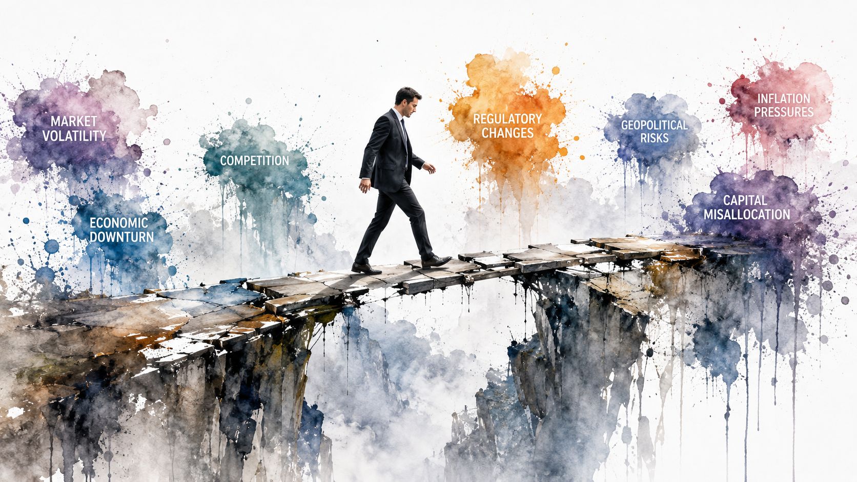 A businessman walking across a rickety bridge representing corporate challenges like inflation and market volatility.