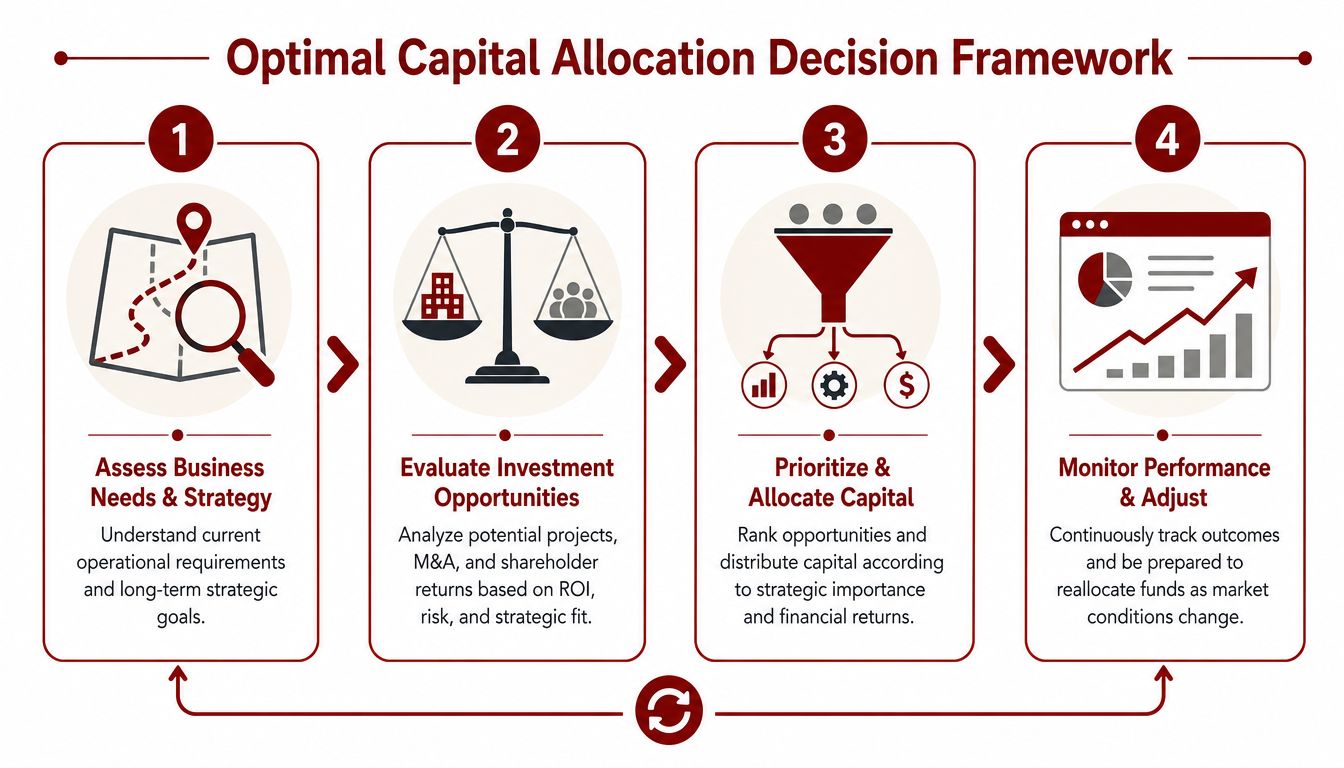 A four-step framework diagram illustrating the optimal capital allocation process for business strategy and investment management.