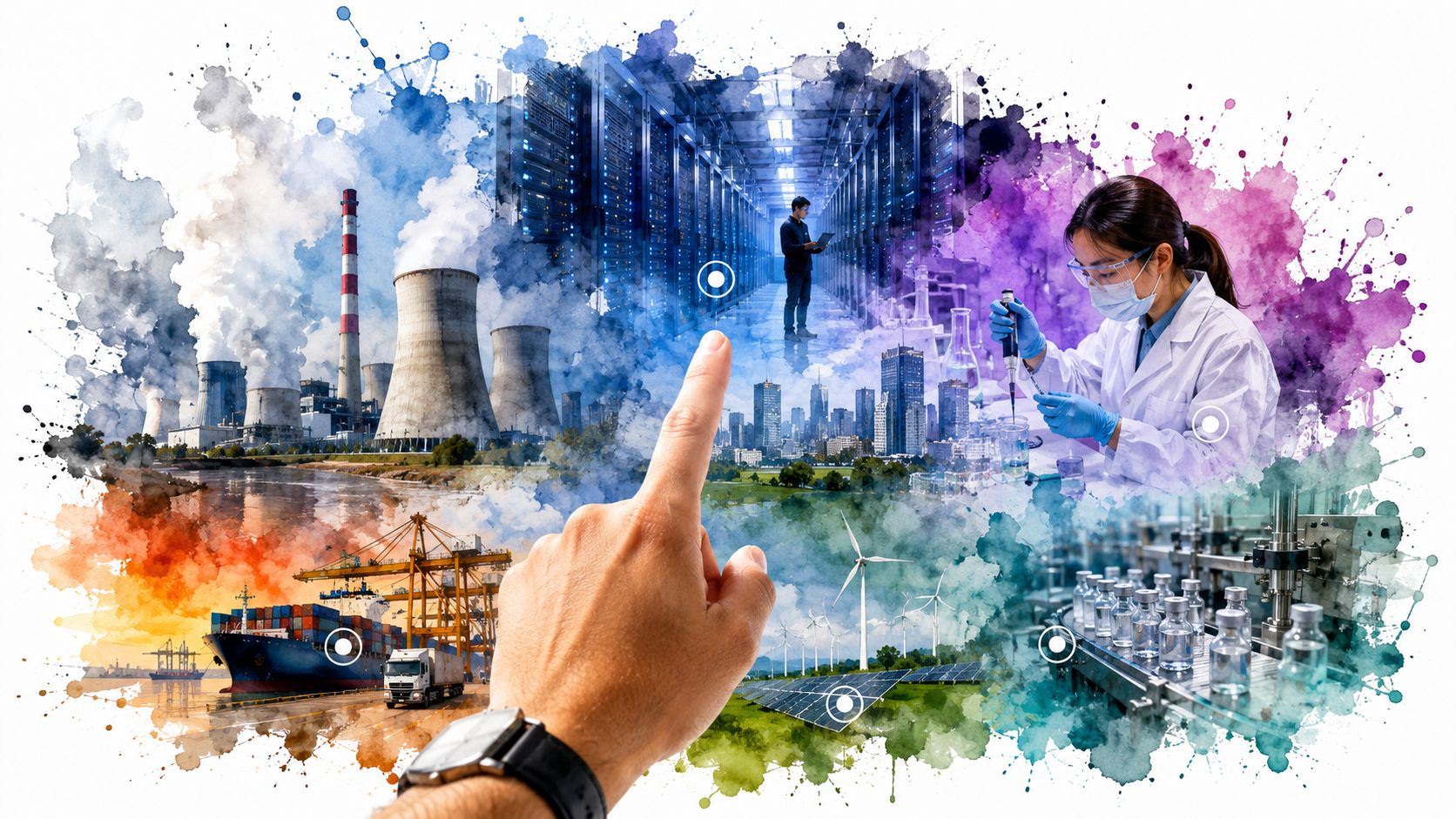 A conceptual illustration showing a hand touching a digital interface representing global industries and technological advancements.