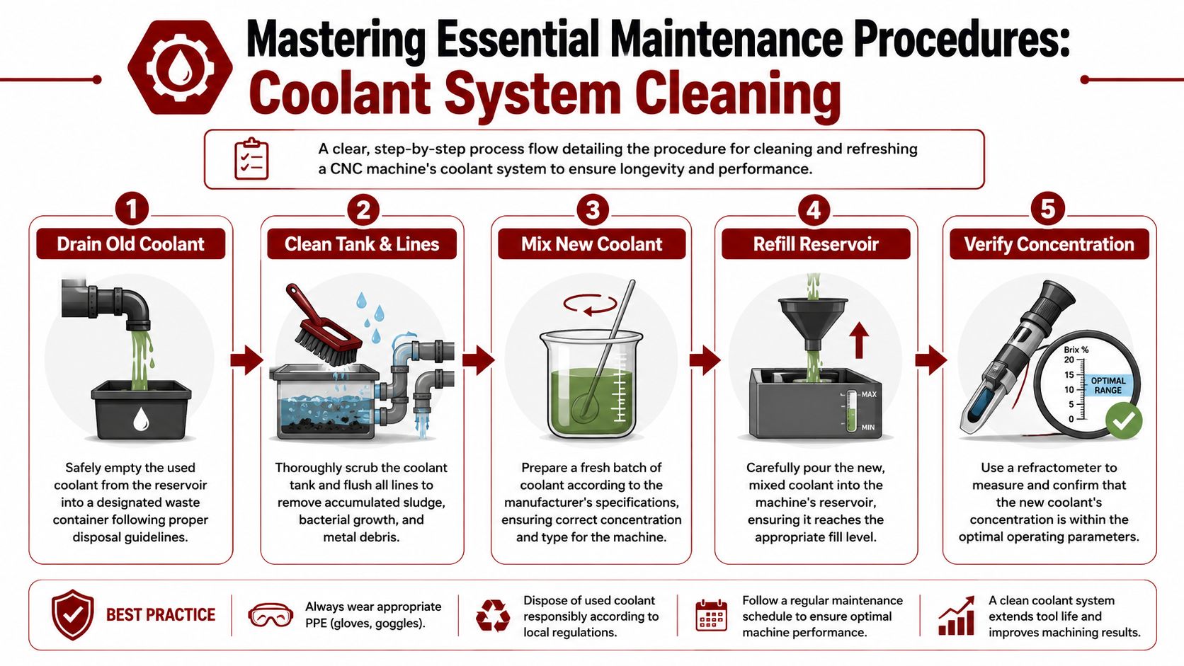 An infographic detailing the five essential steps for cleaning and refreshing a CNC machine coolant system.