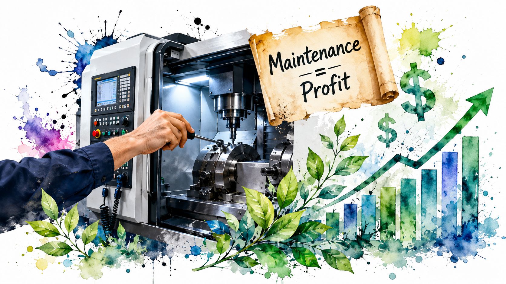 A technician performing maintenance on a CNC machine with profit growth charts and green leaf illustrations.