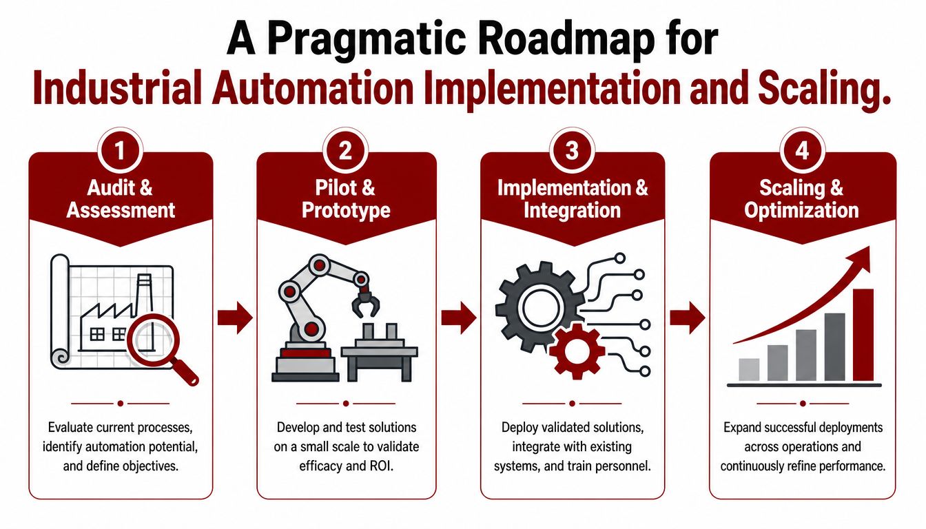 A four-step roadmap graphic illustrating the process of implementing and scaling industrial automation solutions in manufacturing.