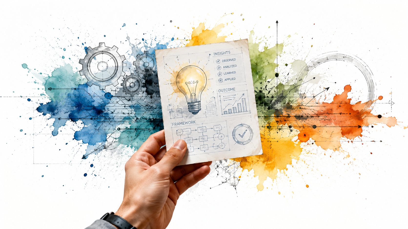 A human hand holds a paper with a lightbulb icon, gears, and data charts against a colorful watercolor backdrop.