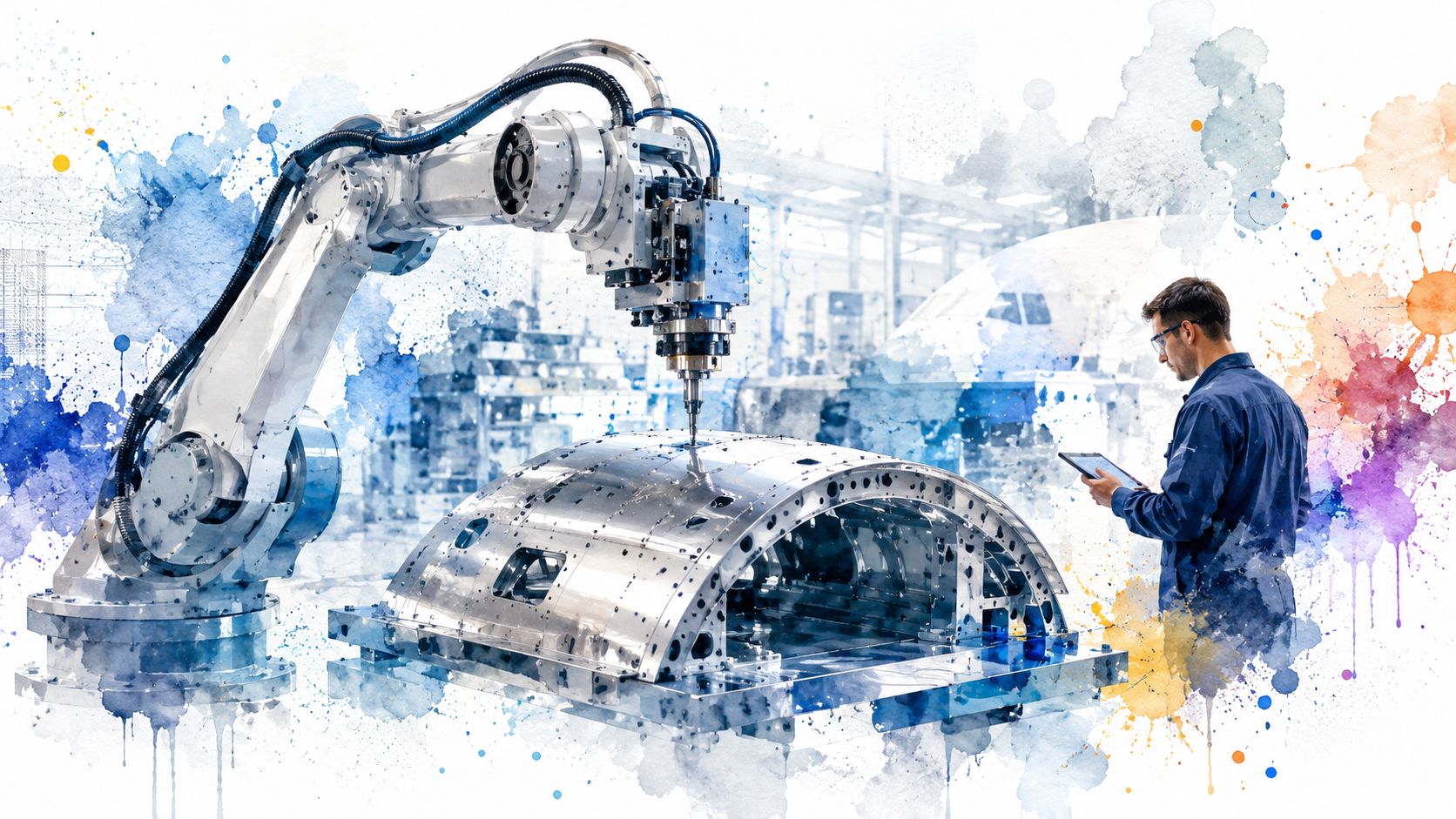 A technician monitors a robotic arm performing precision metal work on a large aerospace component in factory.