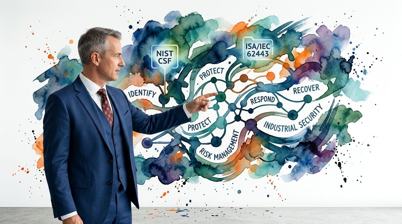 A professional man in a business suit points to a colorful diagram illustrating manufacturing cybersecurity frameworks.