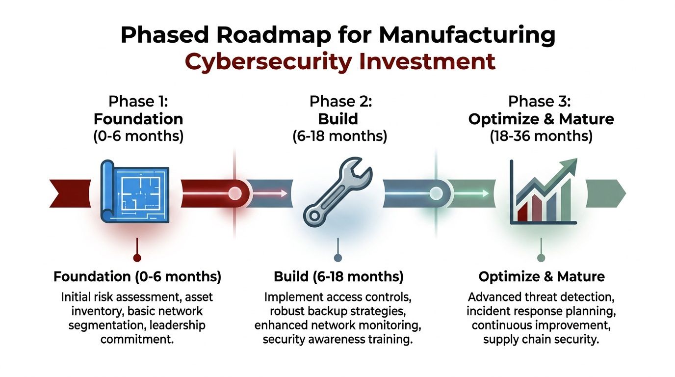 A phased roadmap infographic for manufacturing cybersecurity investment showing three stages from foundation to maturity.