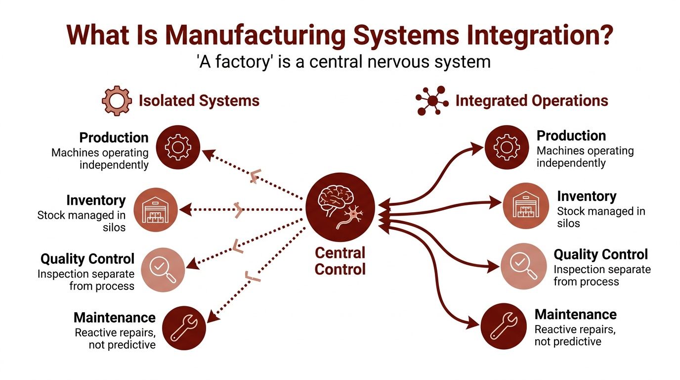 A diagram comparing isolated systems and integrated operations in manufacturing, with a central control unit in middle.