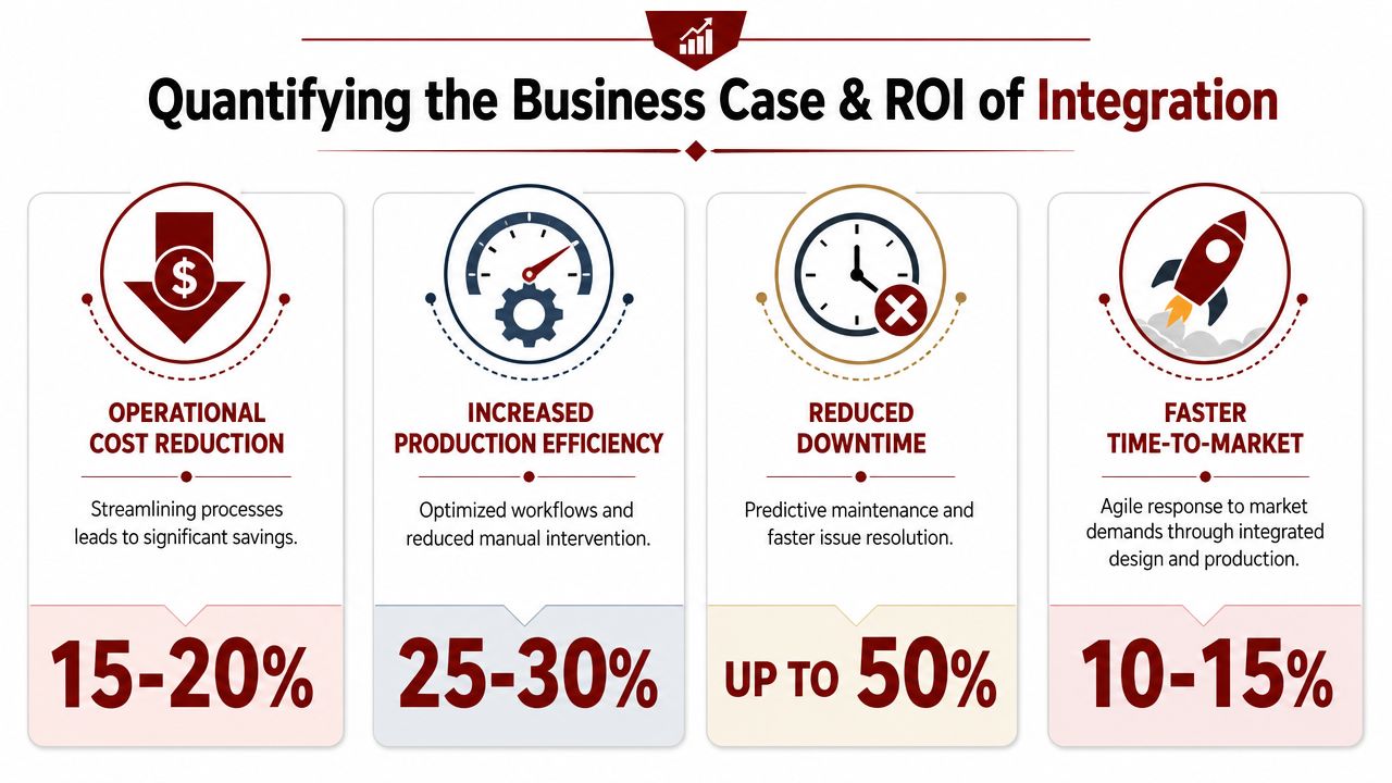 An infographic showing the four key business benefits and ROI percentages of manufacturing systems integration.