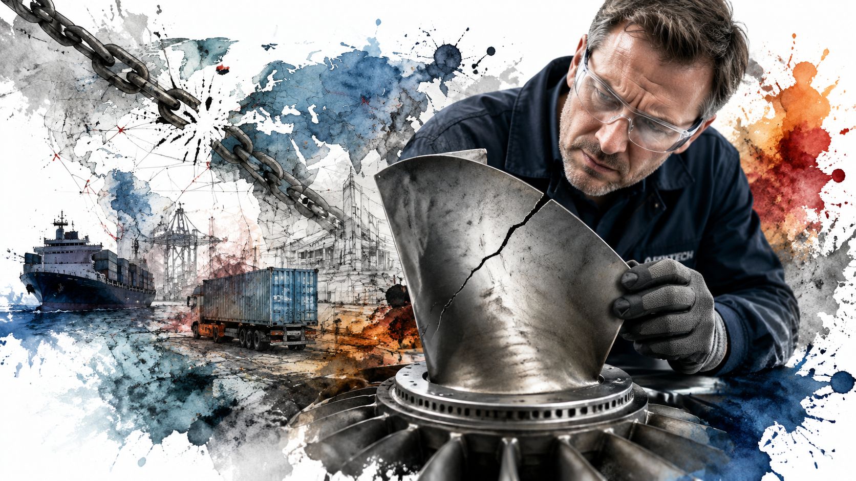 A mechanical engineer inspecting a damaged engine turbine blade, representing challenges within global supply chain logistics.