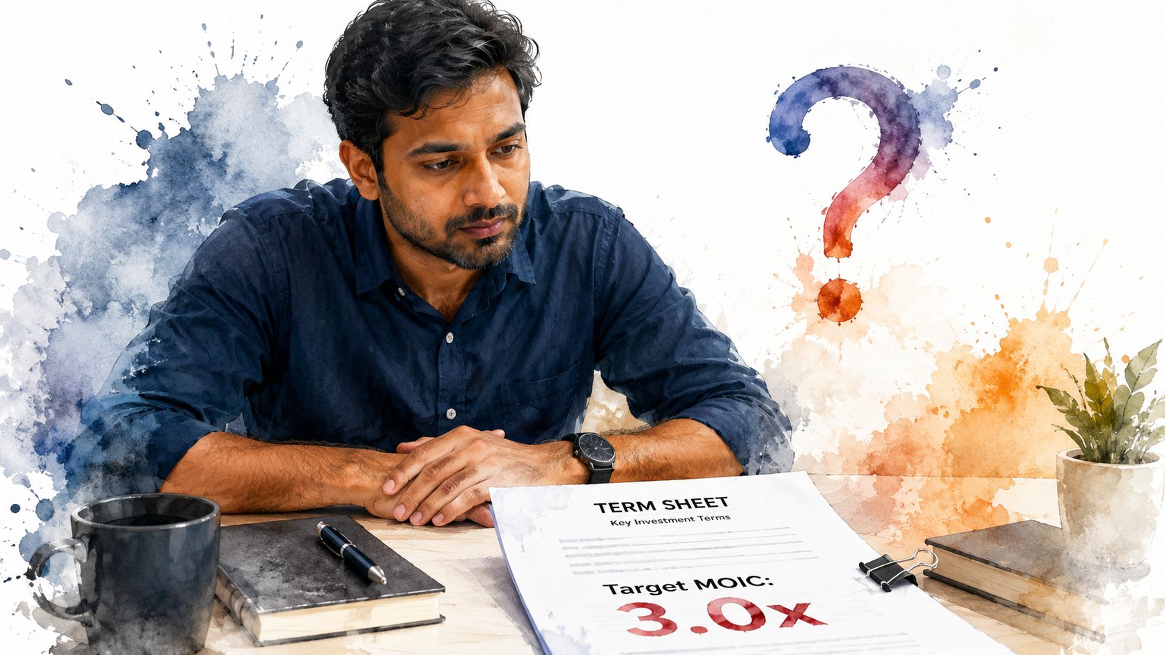 A pensive professional sitting at a desk reviewing a term sheet detailing a target MOIC of 3.0x.