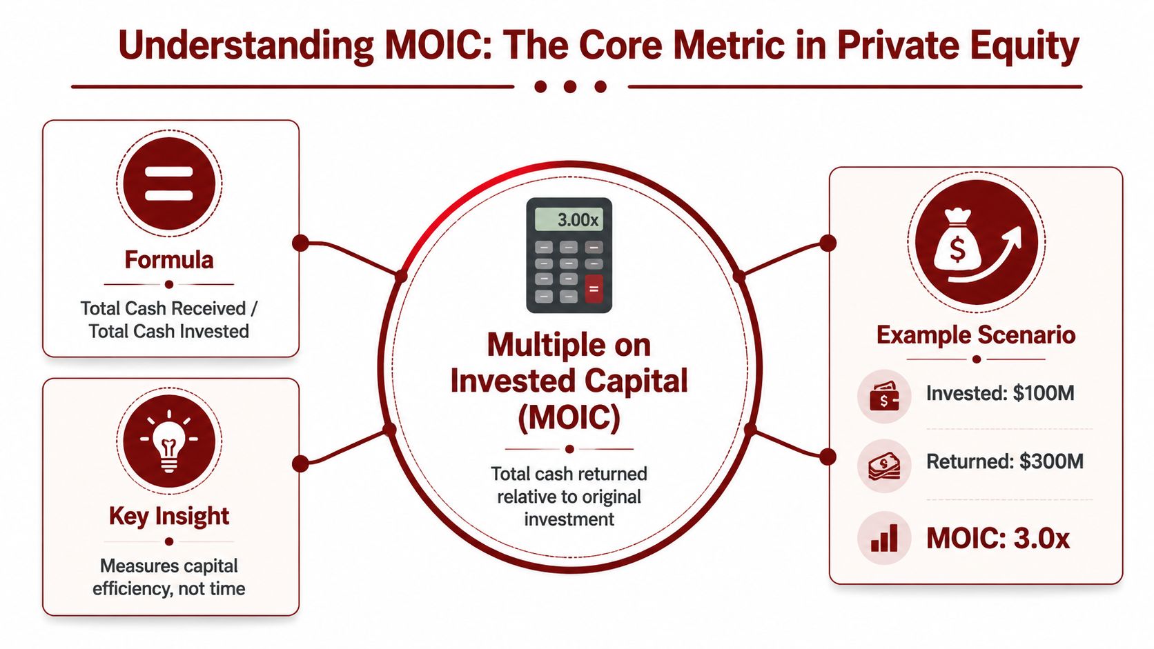 An infographic explaining the Multiple on Invested Capital (MOIC) metric in private equity investment performance analysis.